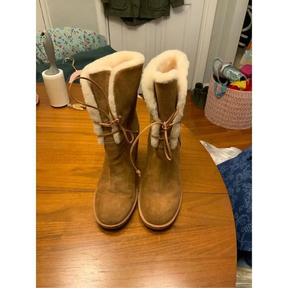 UGG Jerene Fashion Boots Cognac Suede Stacked Block Heel Booties 9 - Picture 2 of 7